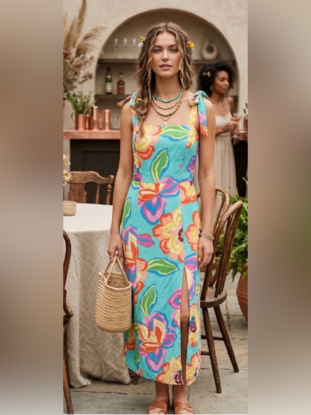 GB Floral print Tie-Shoulder dress linen/rayon S cocktail garden party church su